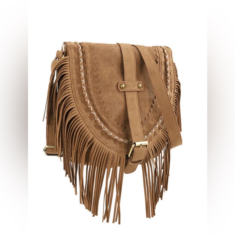 Fringe Suede Crossbody Bag - Tan